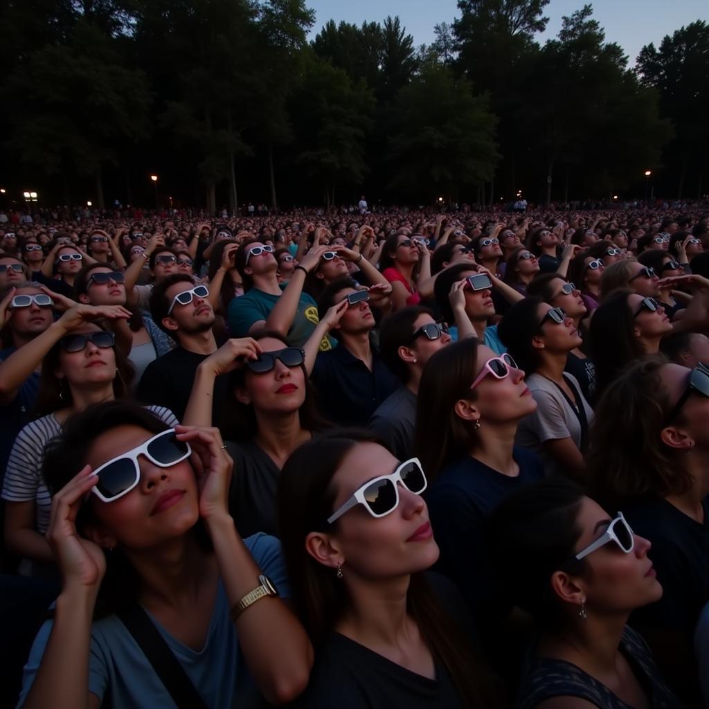 Crowd observing total solar eclipse with special glasses