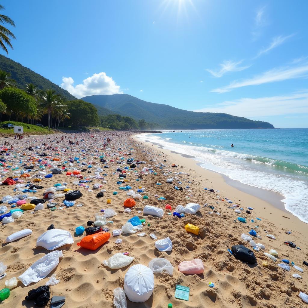 Tourist crowds and waste on a tropical beach showing environmental impact