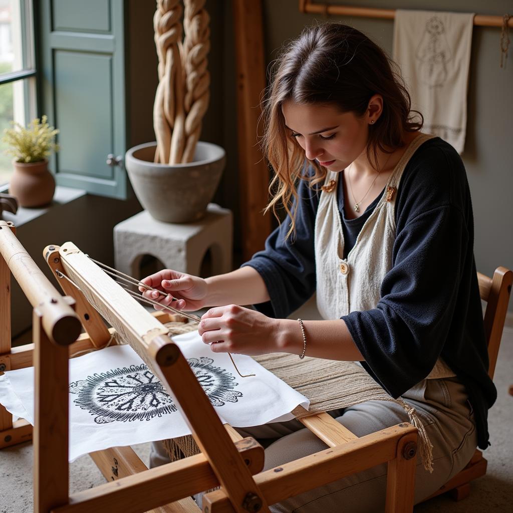 Artisan combining traditional weaving techniques with modern design elements