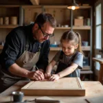 Traditional craftsman teaching young apprentice modern interpretation of ancient art