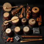 Traditional music instruments and modern technology representing globalization