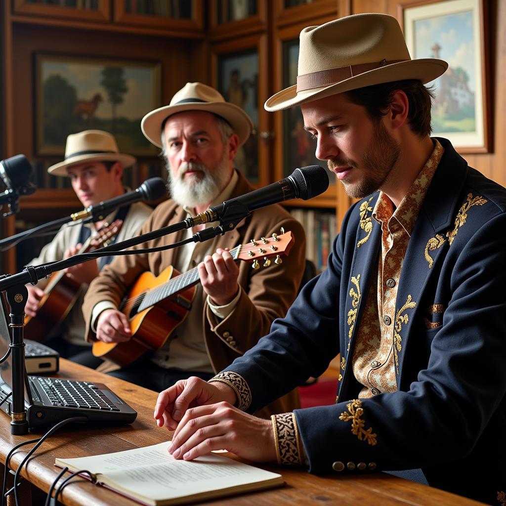 Traditional musicians recording music using modern equipment