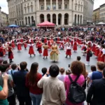 Flash mob performance surprising passersby in a busy city center