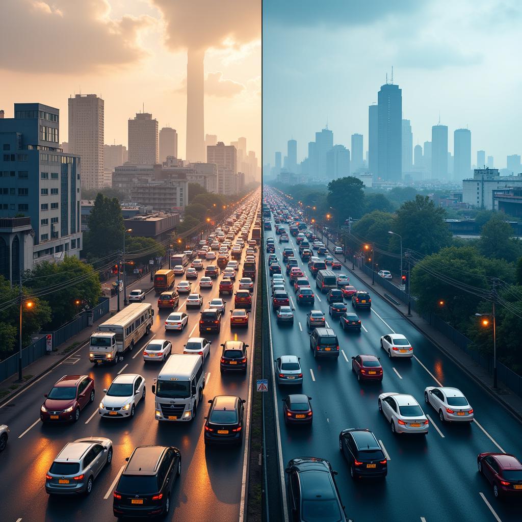 Urban challenges including traffic congestion and air pollution in megacities