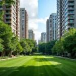 Urban development showing contrast between parks and apartment buildings