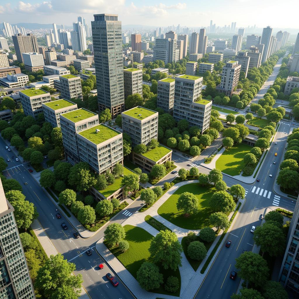 Urban green spaces integrated into modern city planning showing parks and gardens