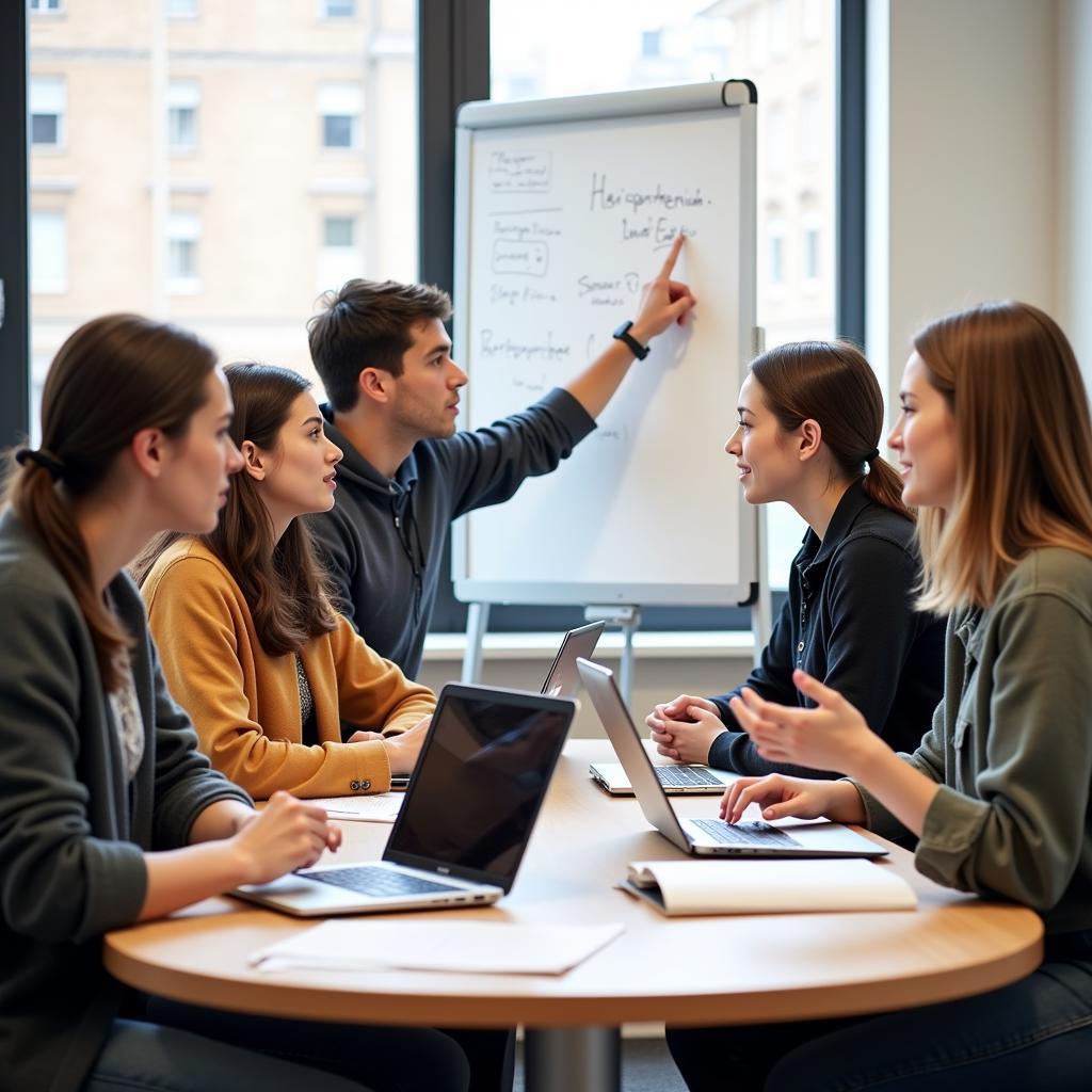 A group of diverse students collaborating on a project