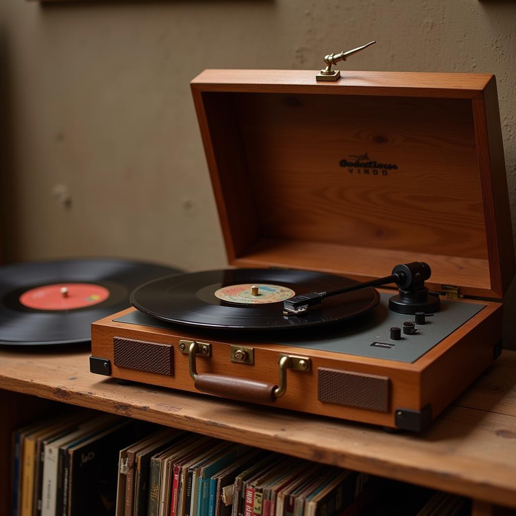 Vintage record player with vinyl collection on display