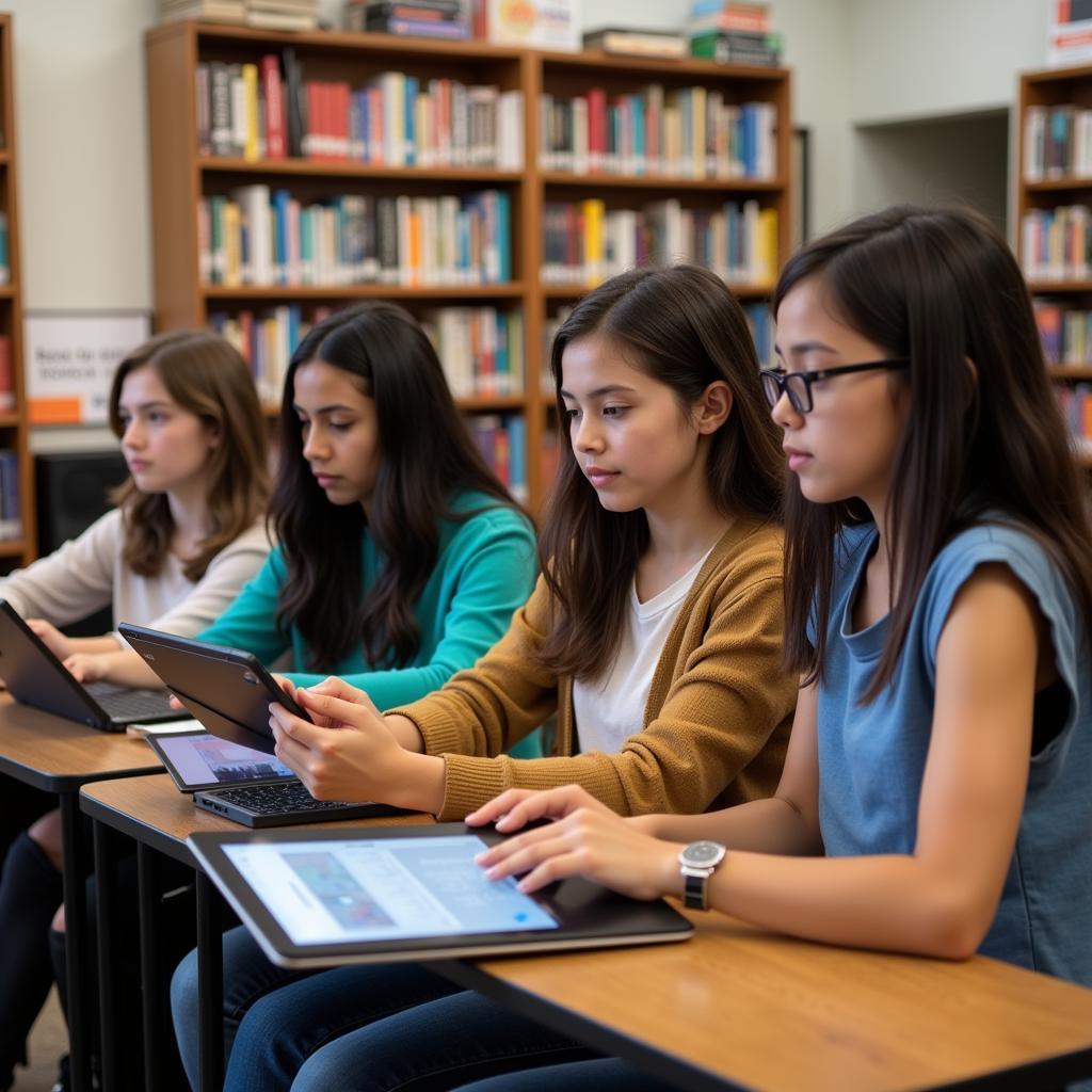 Students participating in virtual book club discussion through digital devices