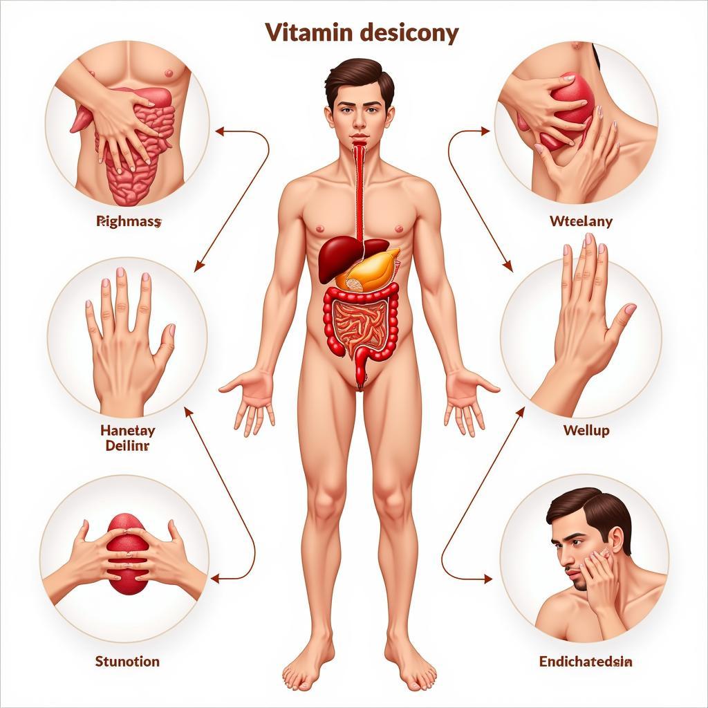 Medical illustration showing vitamin deficiency symptoms and effects