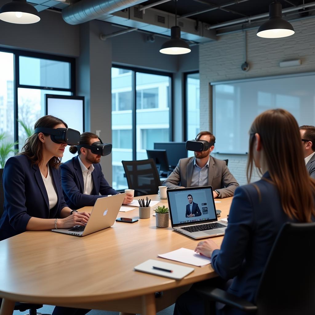 Virtual reality technology being used in a professional business meeting