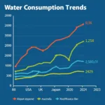 Average daily water consumption trends across four countries from 2000 to 2023