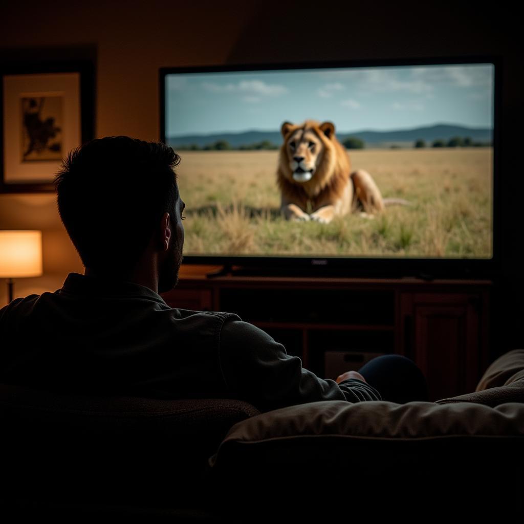 Attentive viewer watching wildlife documentary on TV