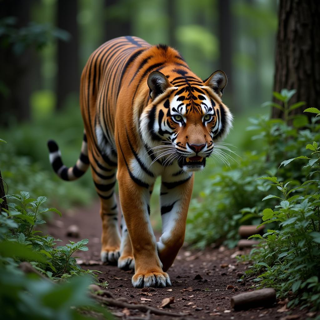 Bengal tiger walking through wildlife sanctuary natural setting