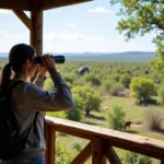 Wildlife sanctuary visitor observing animals from observation point