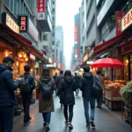 Urban residents using digital payments in a modern Asian cityscape