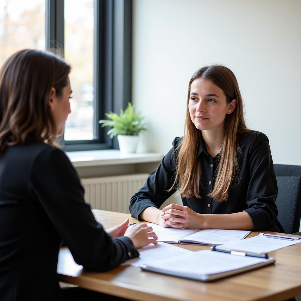 IELTS Speaking Examiner interviewing candidate in professional setting