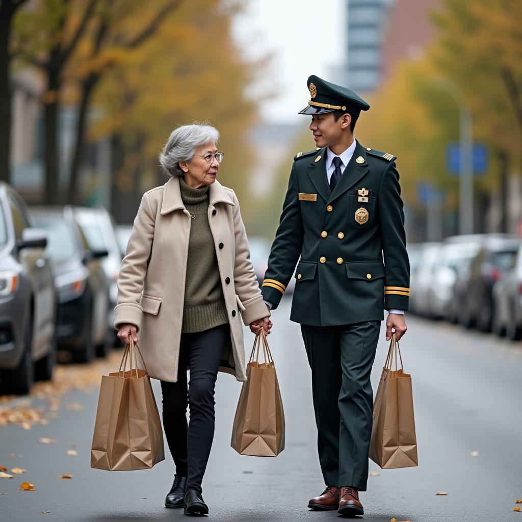 Student showing kindness to elderly woman with groceries