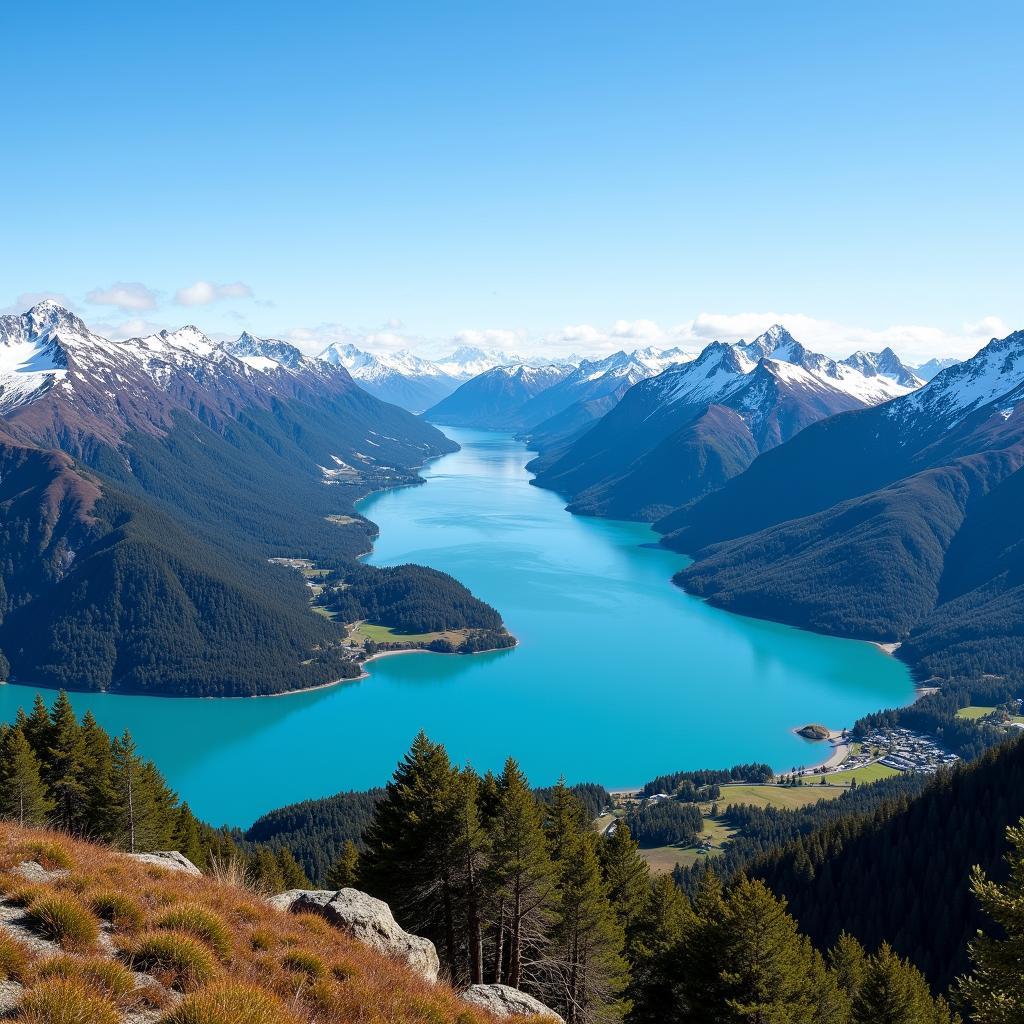 Stunning view of New Zealand South Island mountains and lakes
