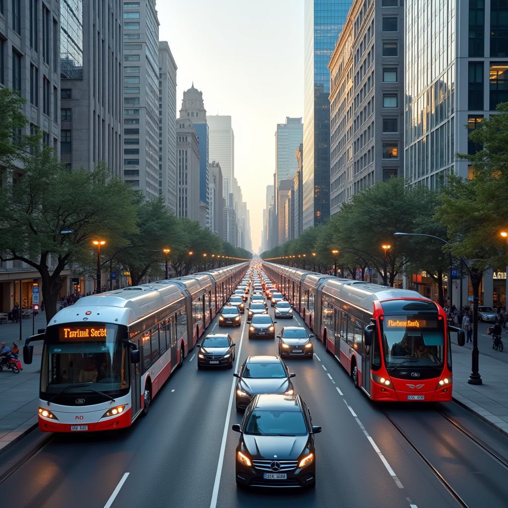 Public transportation helping reduce urban traffic congestion in modern city