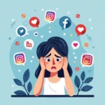 Social media platforms affecting mental health of young people showing various social media icons and stressed youth