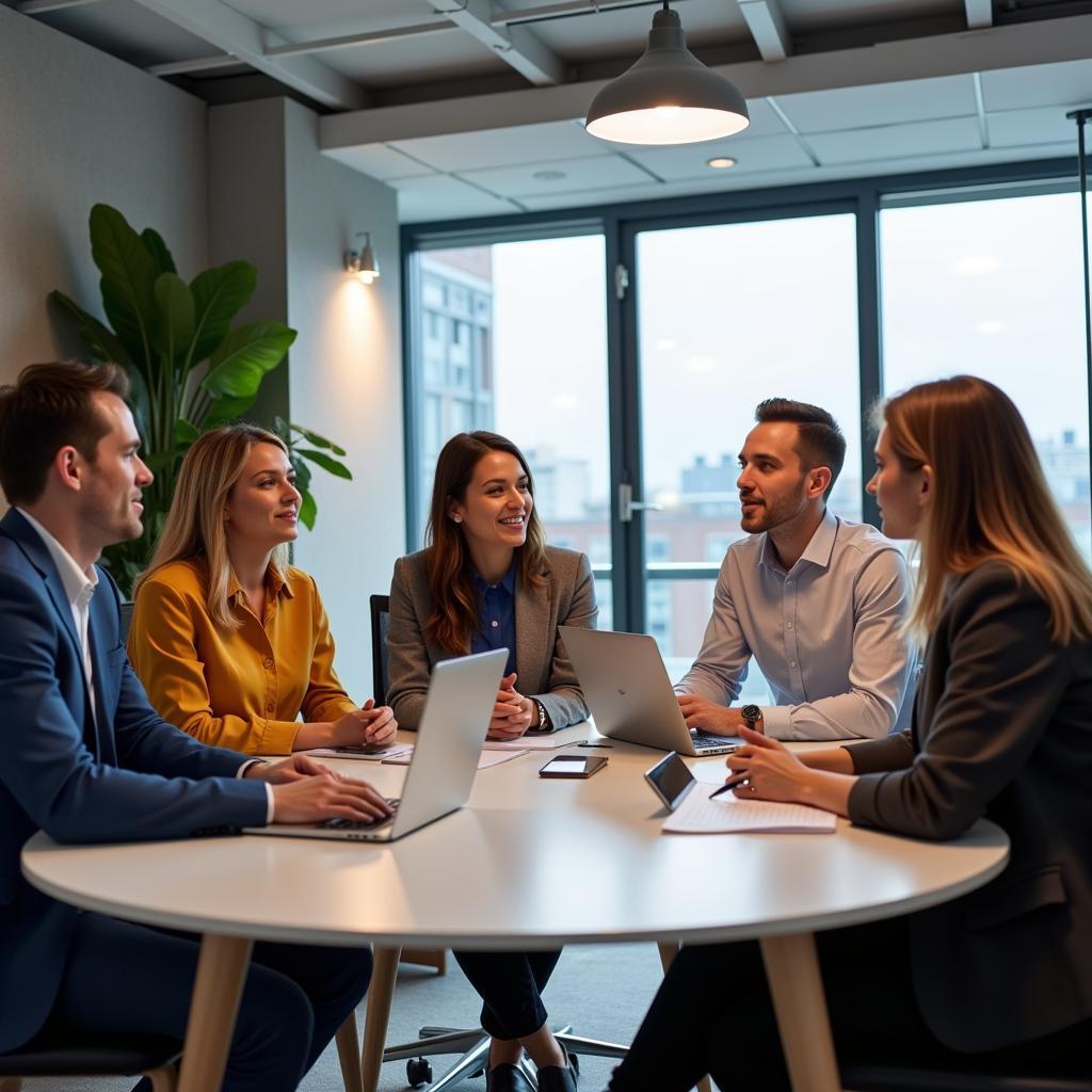 Professional men and women discussing in modern office meeting