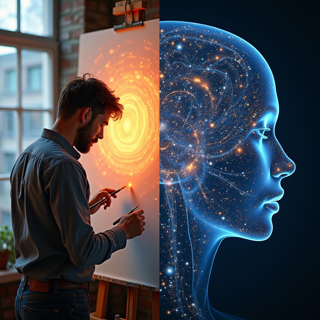 AI's impact on creative industries showing both human artists and AI-generated art