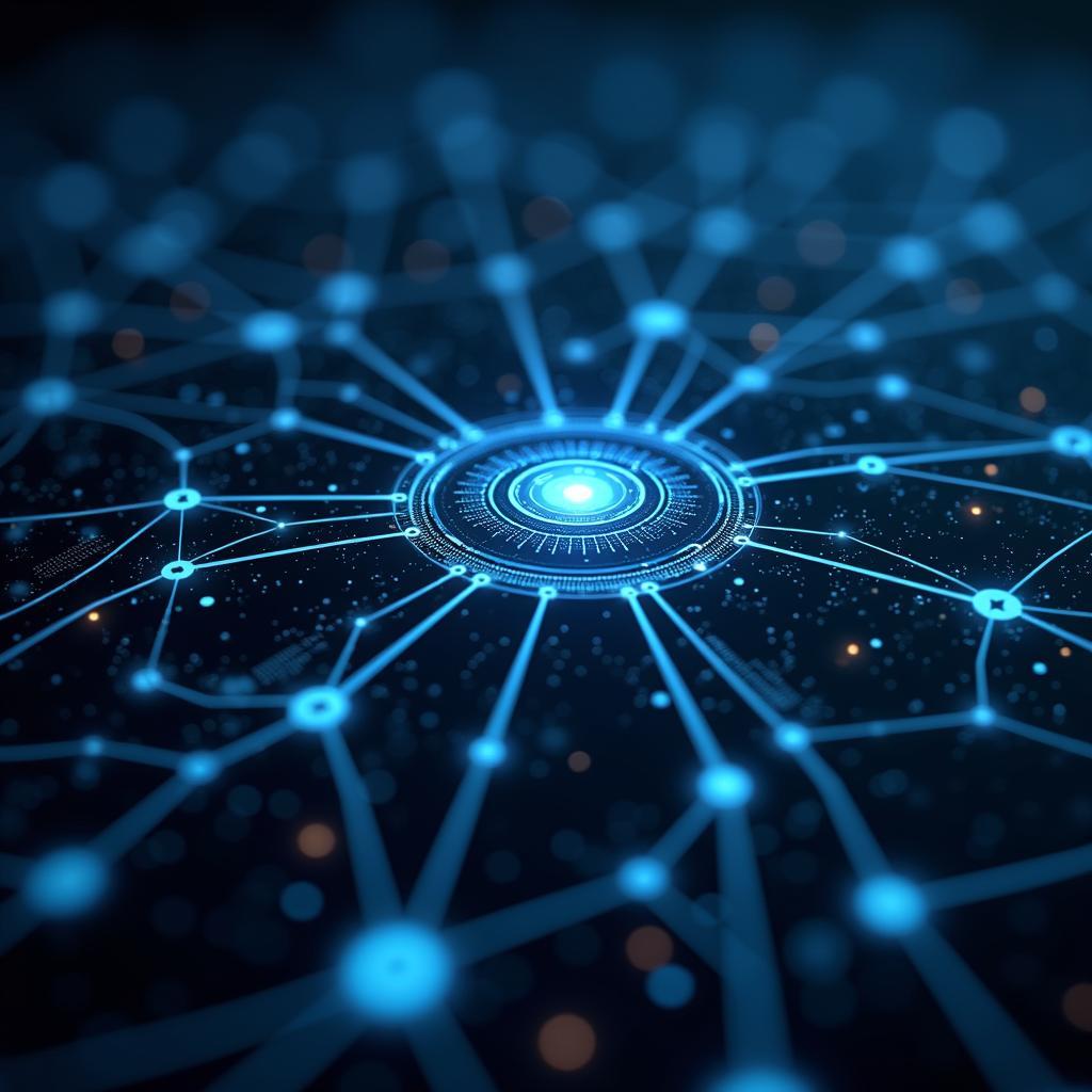 AI in Cybersecurity: threat detection network with futuristic interconnected nodes and advanced digital protection.