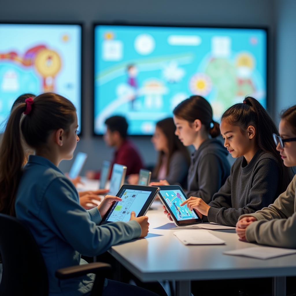 Students using AI-powered educational tools in a modern classroom setting