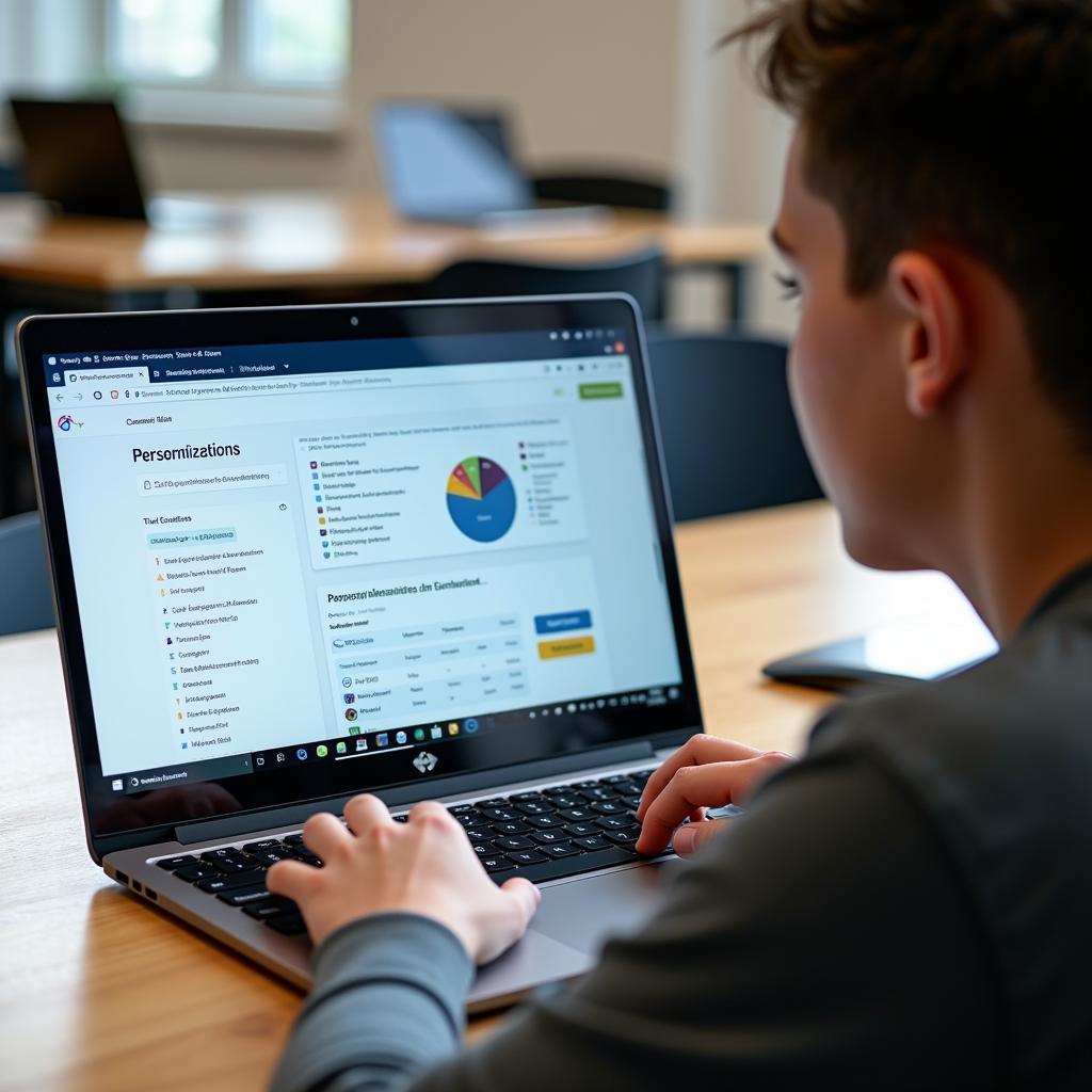 Student with laptop accessing AI educational platform for personalized learning paths and progress monitoring.