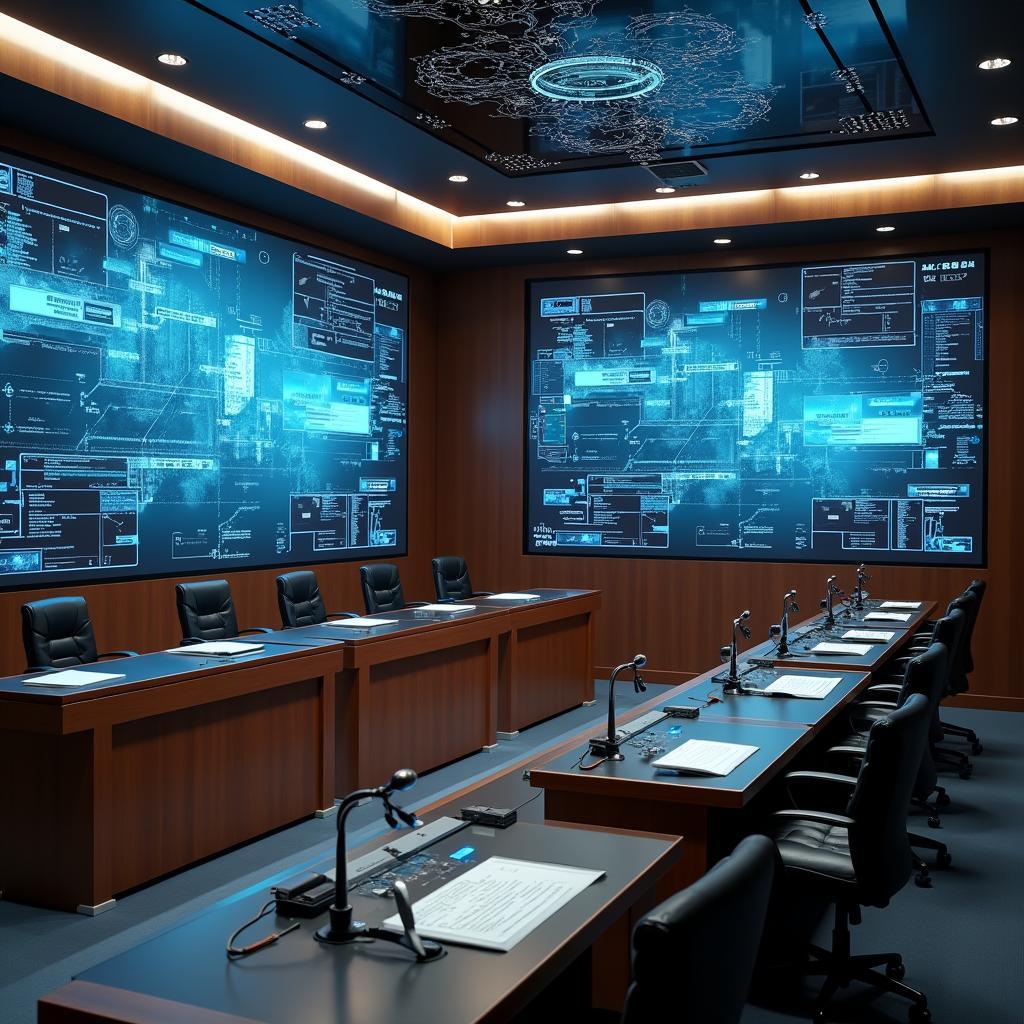 AI integration in modern courtroom showing digital displays and automated systems