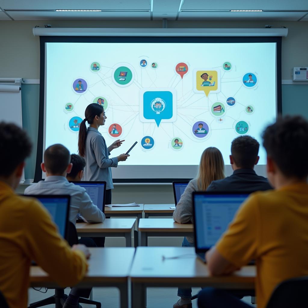 AI-powered modern classroom showing students and teacher interaction