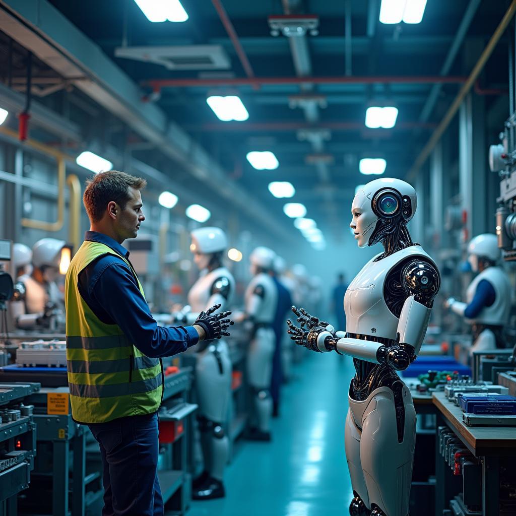 Futuristic AI-powered factory showcasing robotic automation and human collaboration in advanced manufacturing processes