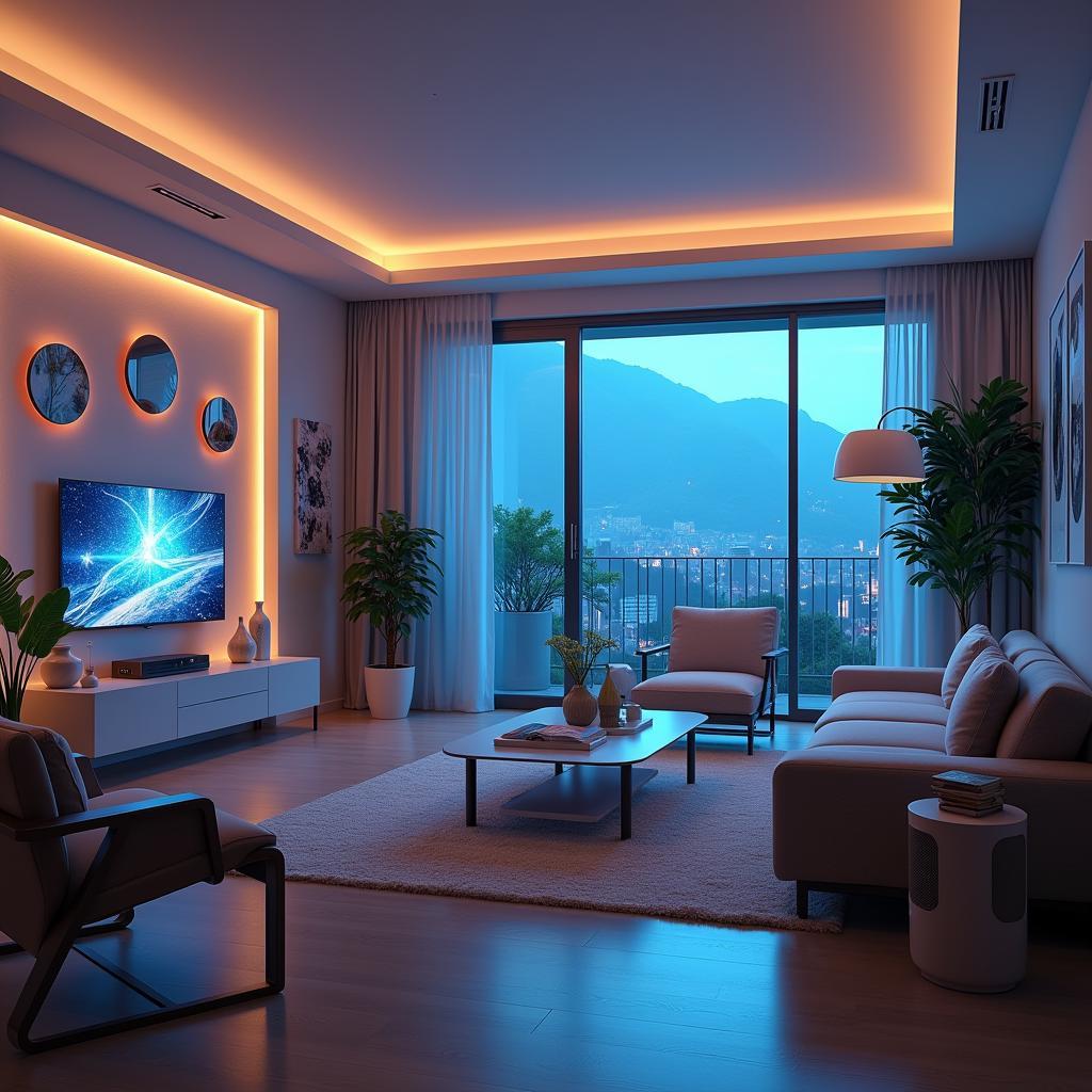AI-powered smart home automating lighting and appliances for personalized convenience and efficient energy use.