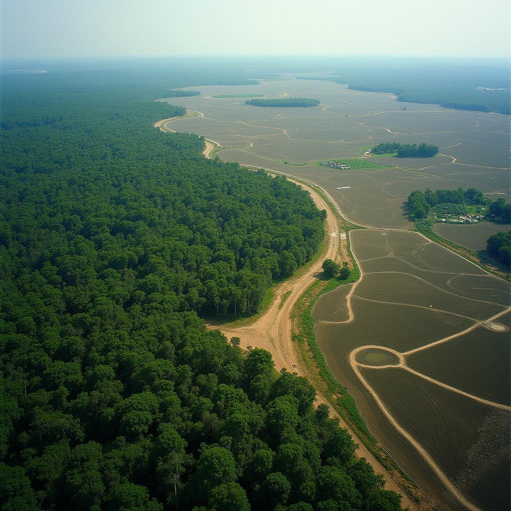 Aerial view: Amazon rainforest cleared for agriculture, deforestation's impact on land use.