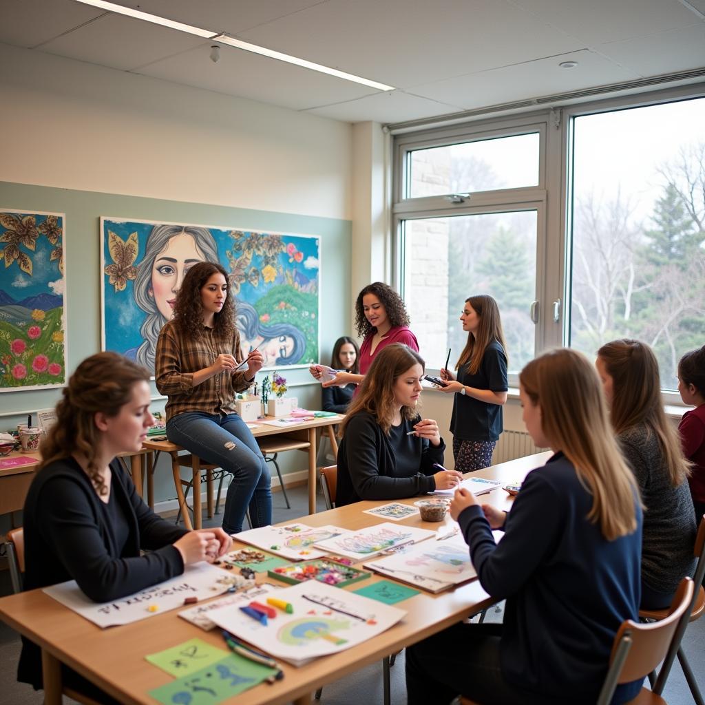 Students engaging in creative arts activities in a modern secondary school classroom
