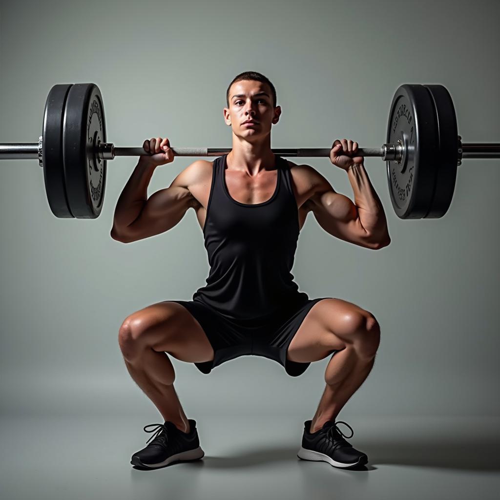 Athlete demonstrating correct front squat technique with barbell, crucial for weightlifting and IELTS fitness vocabulary.