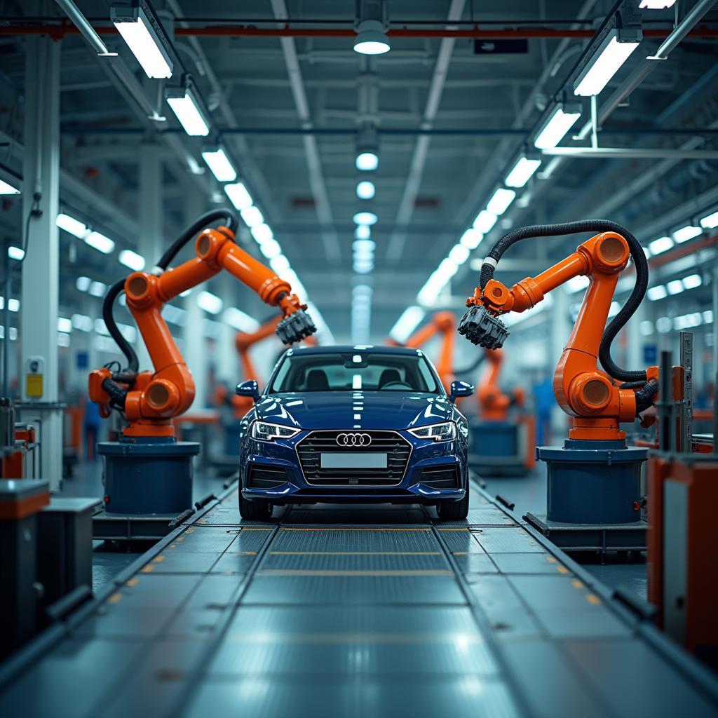 Industrial robots working on automobile assembly line in modern automated manufacturing factory, highlighting efficiency.