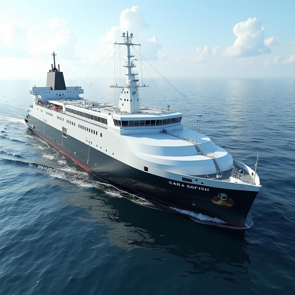 Autonomous cargo ship navigating the open ocean, showcasing advanced sensor technology for modern maritime transport.