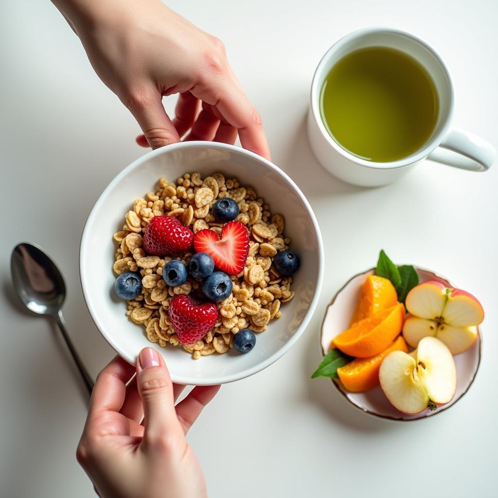 A visually appealing balanced breakfast with whole grain cereal, fresh fruit, and green tea for an energetic day.