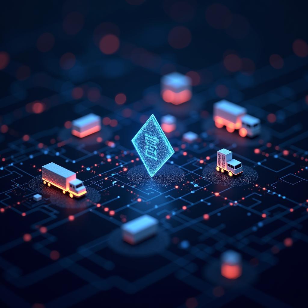 Visualization of blockchain enhancing supply chain transparency with interconnected nodes and secure data flow icon.