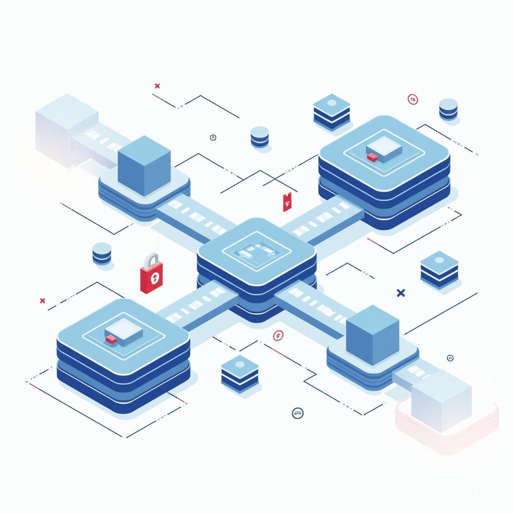 Visual representation of blockchain technology: interconnected blocks, data, cryptography, emphasizing security and transparency.