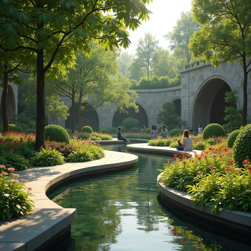 Serene botanical garden: an inspirational place with lush greenery, flowers, and alcoves for tranquil reflection.