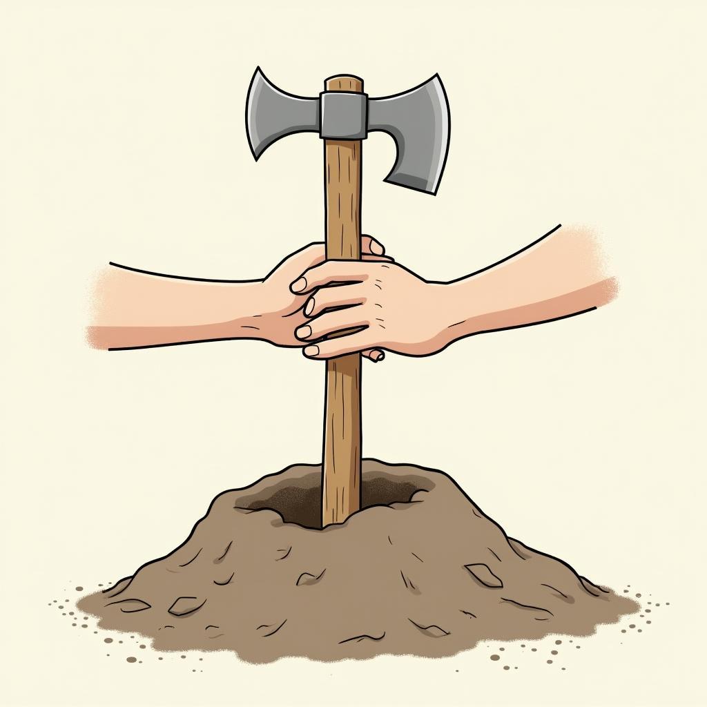 Two hands burying a hatchet in ground symbolizing peace and conflict resolution idiom