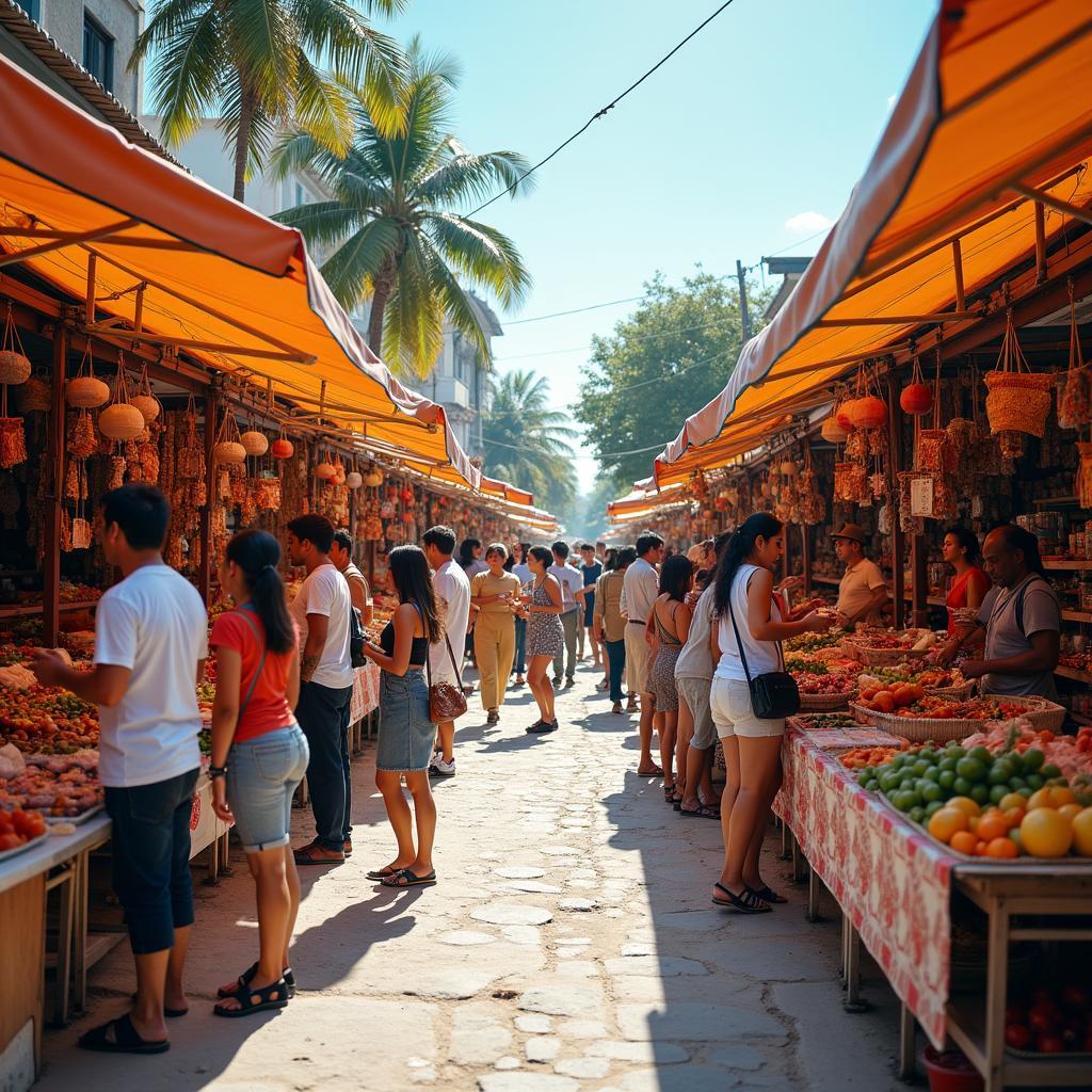 Vibrant local market scene with diverse stalls, ideal for IELTS Speaking practice on shopping experiences.