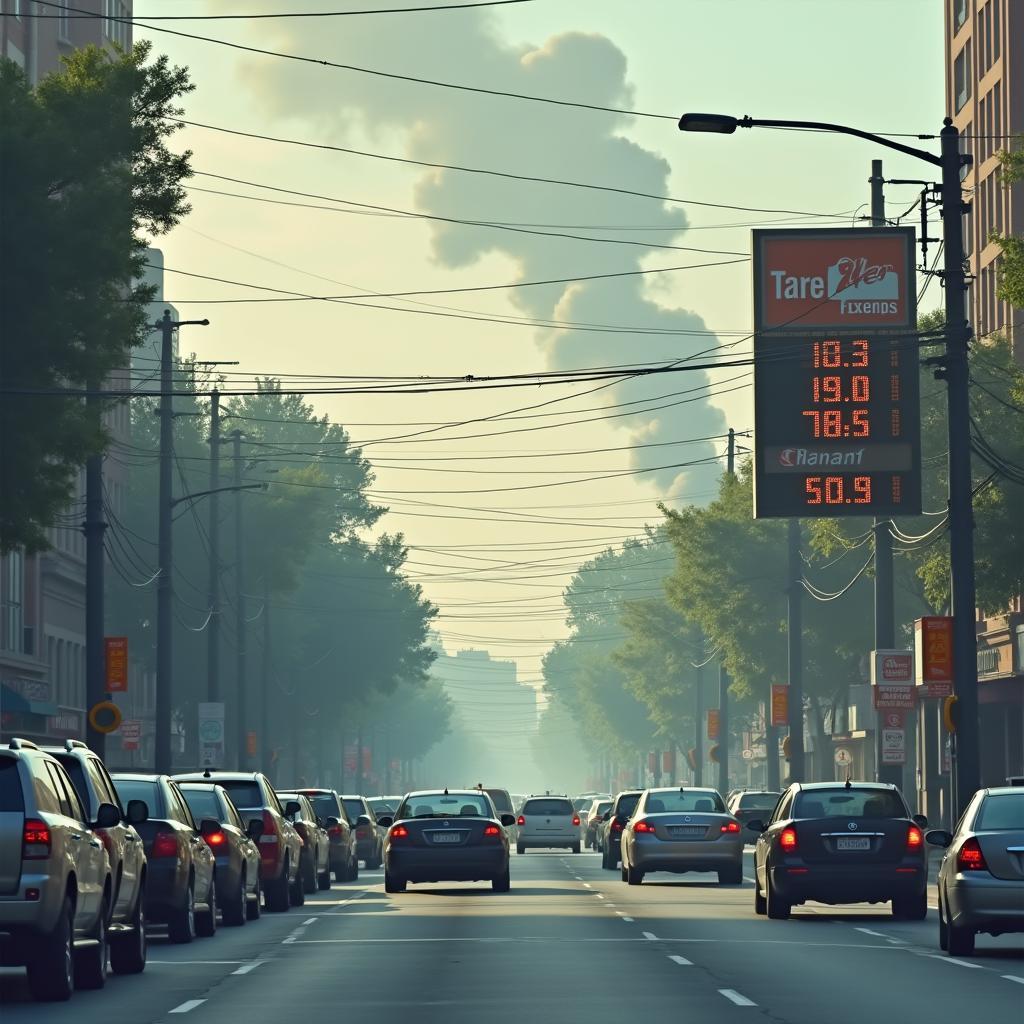 Car exhaust fumes in city traffic with high fuel price sign, linking pollution to fuel costs.