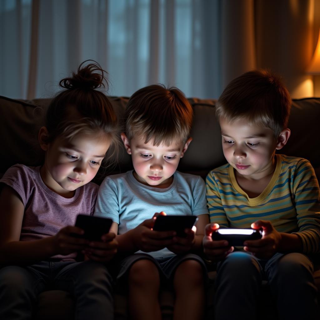 Children engrossed in digital screens, depicting sedentary behavior and risks of excessive screen time on youth health.