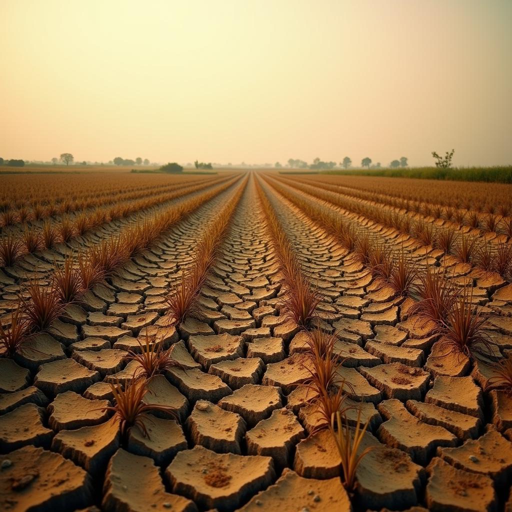 Parched farmland with cracked earth withered crops showing severe agricultural impact of climate change