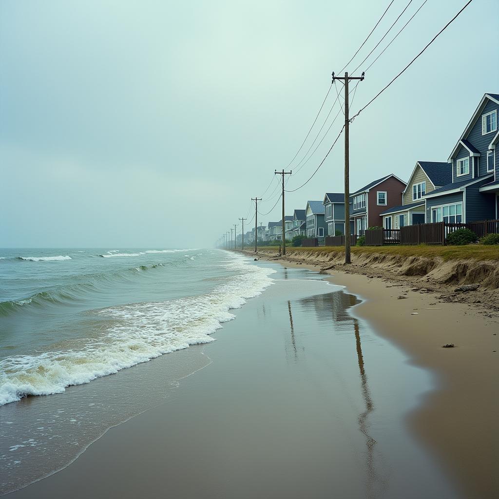 Climate change impacts on coastal residential areas showing flooding and erosion