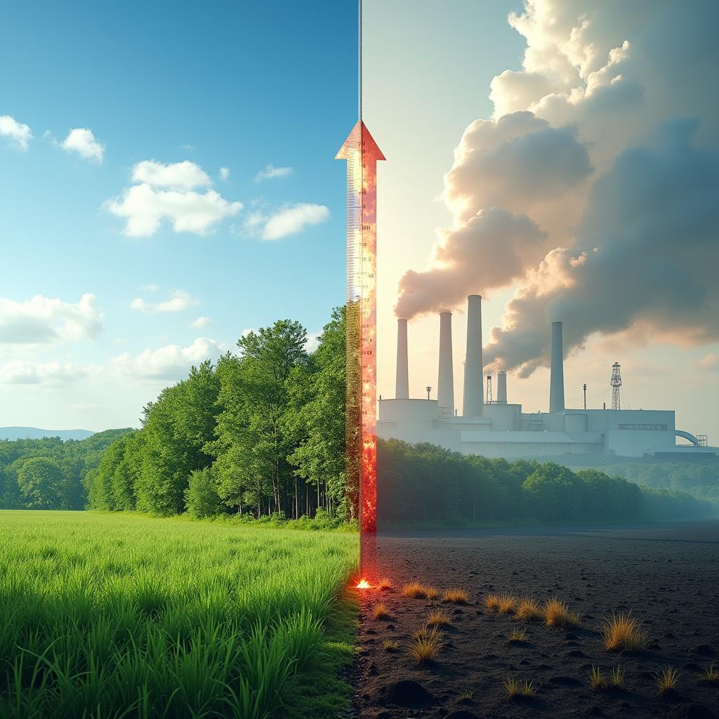 Illustration depicting human activities like industrial emissions and deforestation accelerating climate change and global warming.